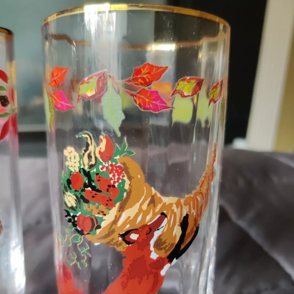 Anthropologie Inslee Fariss Autumn Bounty Juice Glass Fox/Turkeys Set Of 2